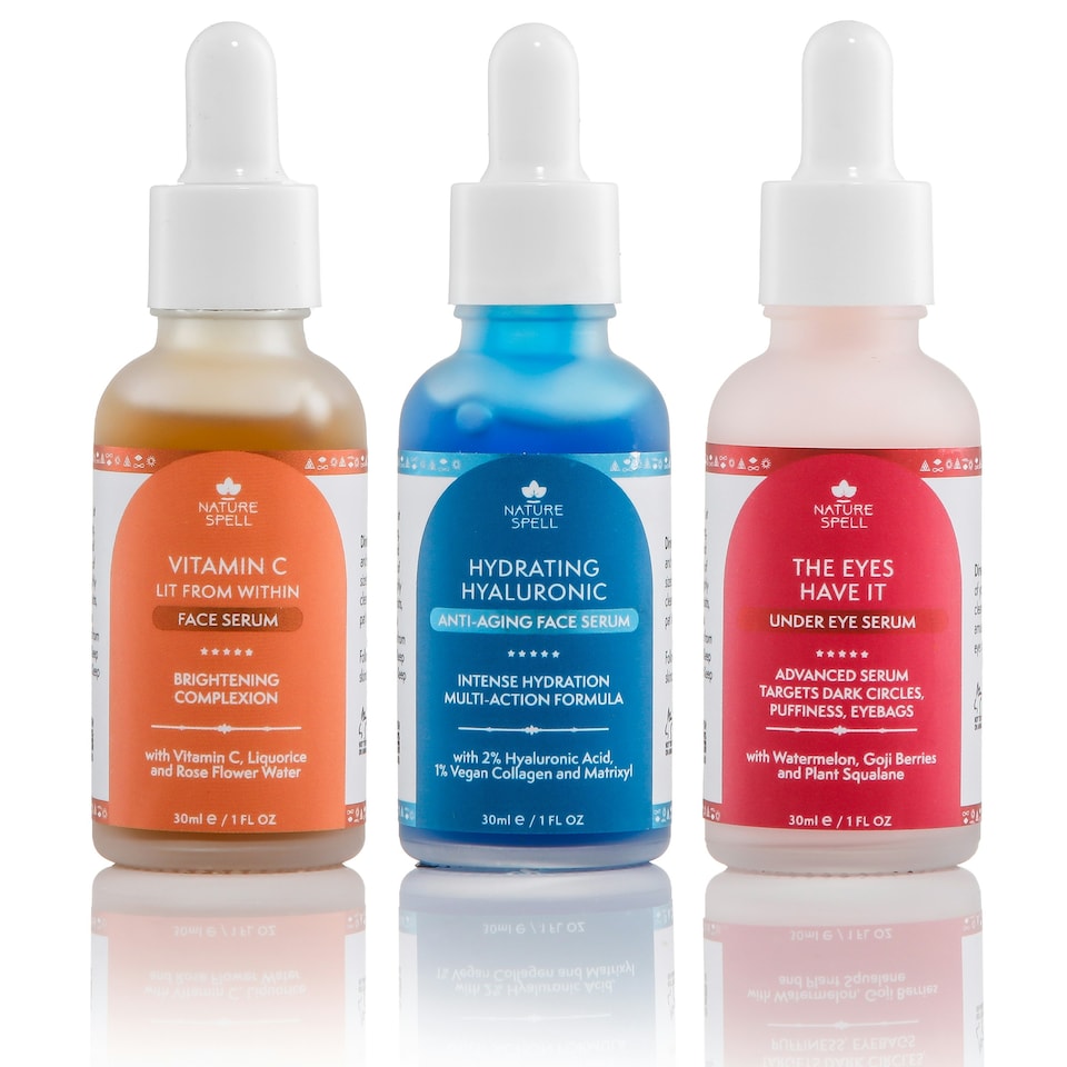 image 1 of Nature Spell Supreme Serum Skincare Trio: Vitamin C Brightening Serum, Hyaluronic Acid Hydration Serum & Dark Circle Corrector Under Eye Serum