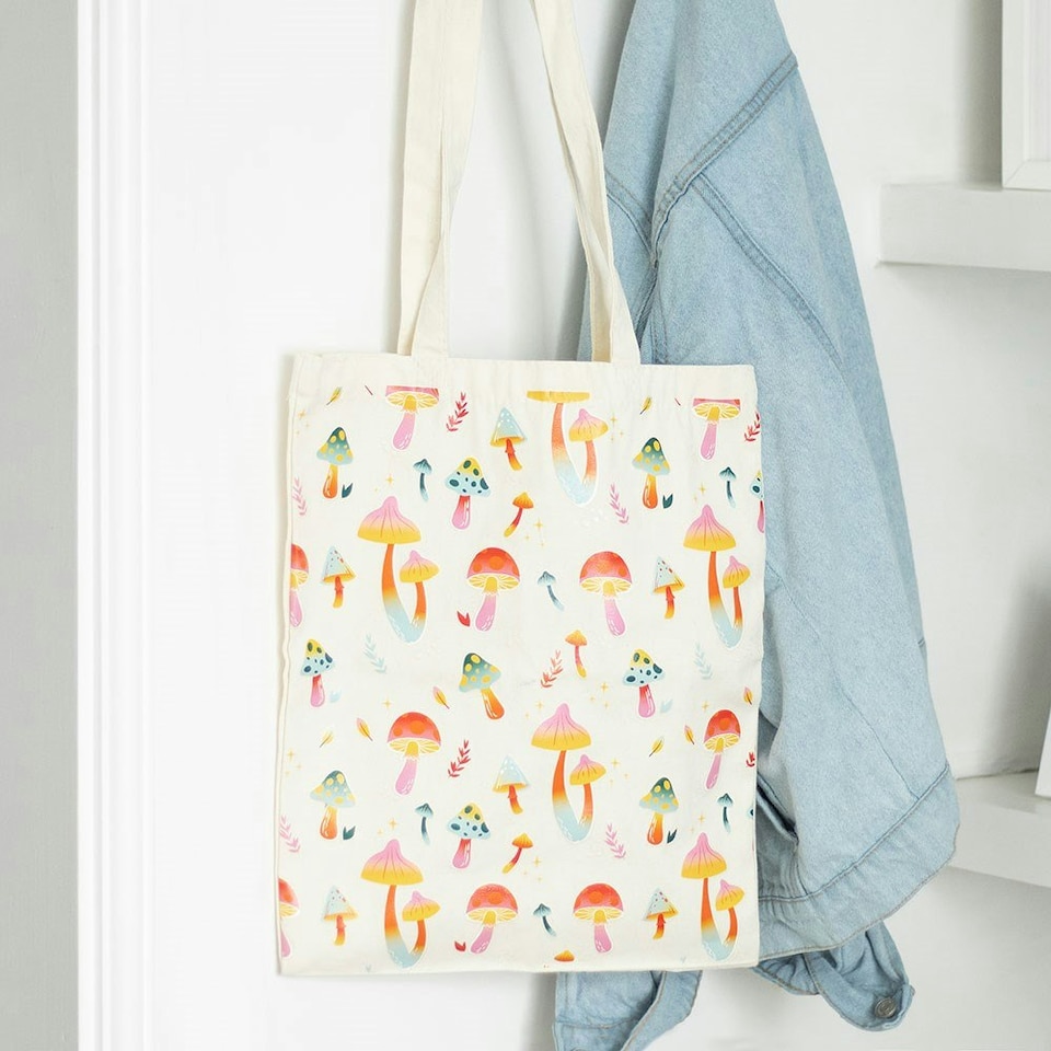 image 1 of Funky Fungi Mushroom Print Polycotton Tote Shopping Bag