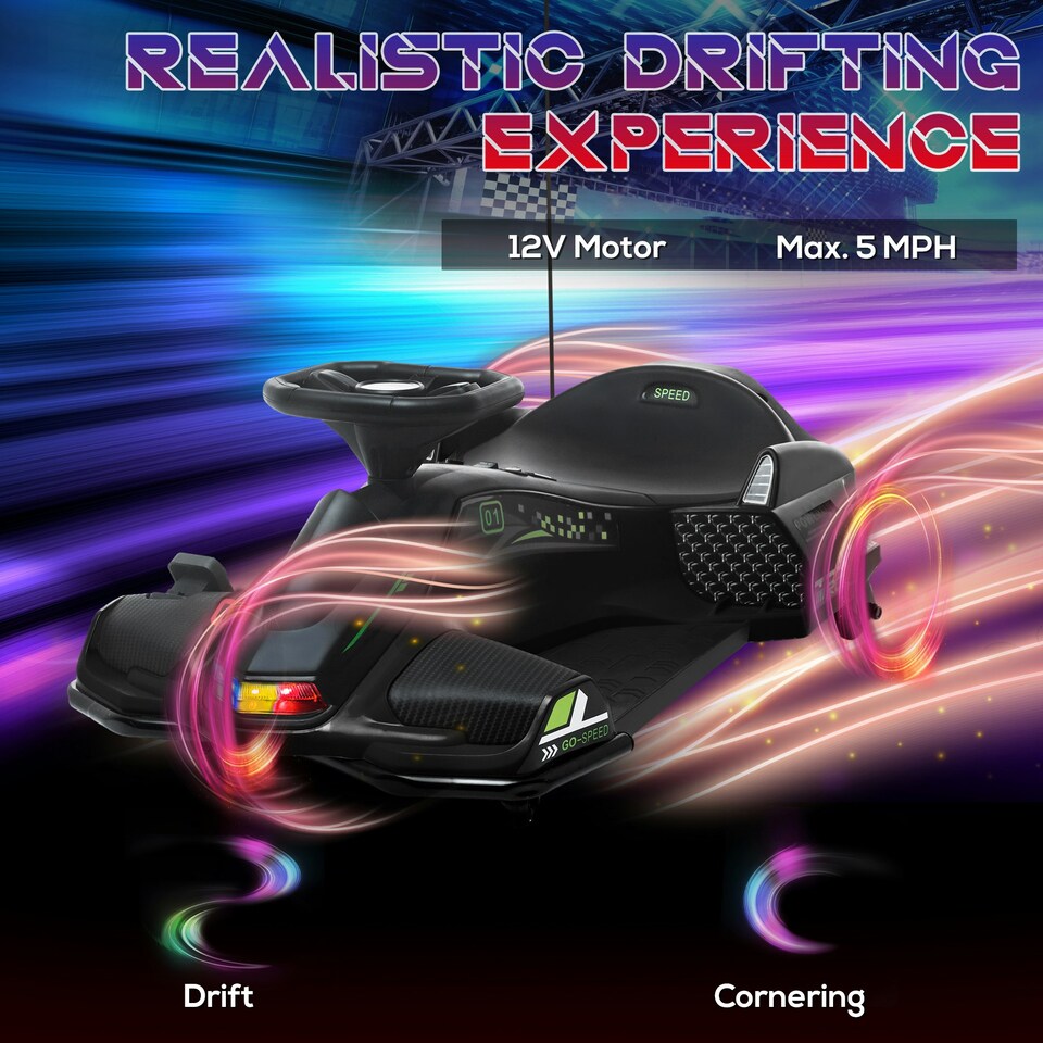 image 1 of HOMCOM 12V Electric Go Kart for Kids with Music, LED Lights, Black