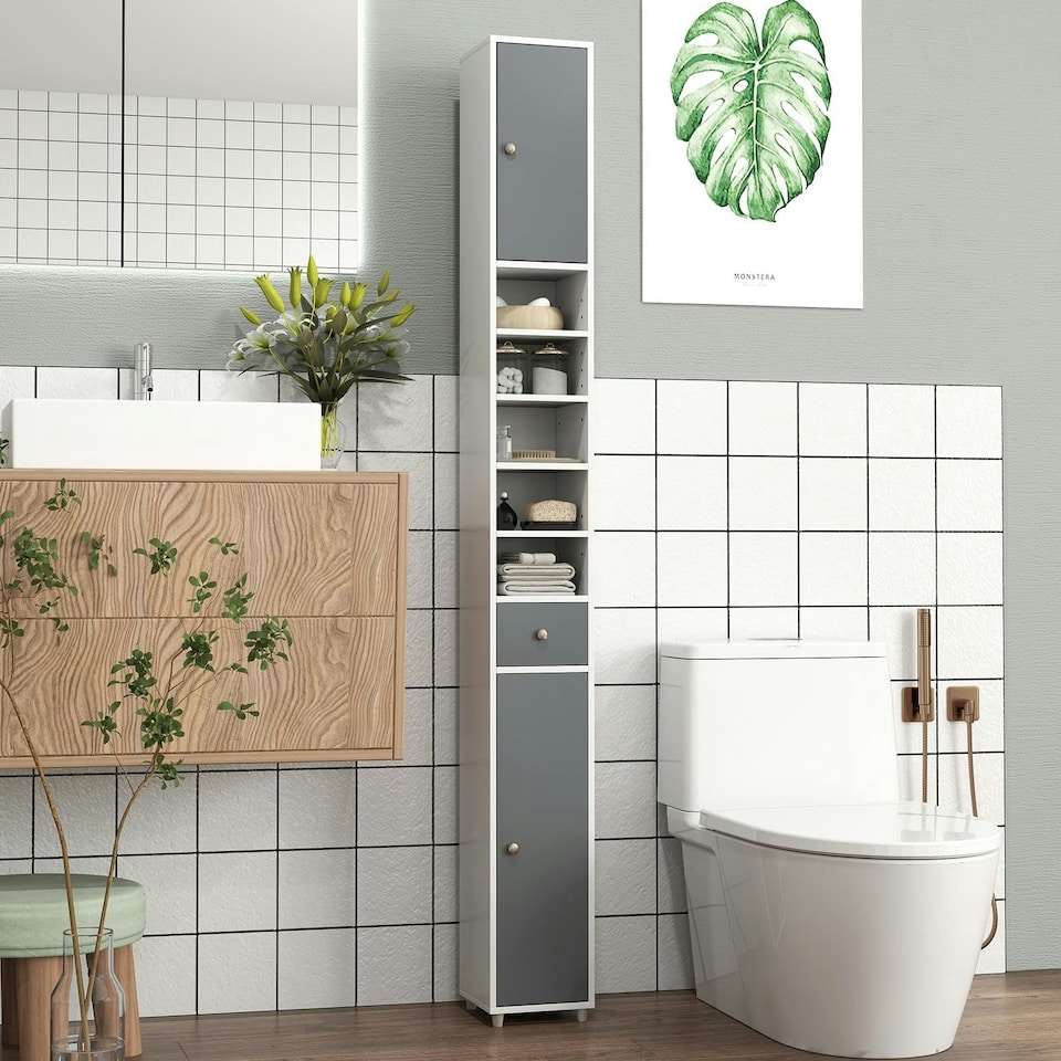 image 1 of COSTWAY Slim Bathroom Cabinet Floor Storage Organizer White Grey