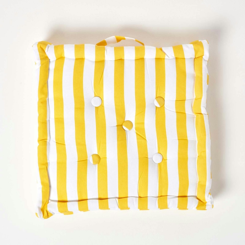 image 1 of Homescapes Cotton Yellow Thick Stripe Floor Cushion - 40 x 40 cm | Yellow | 40 x 40 cm