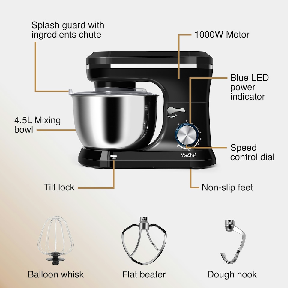image 1 of VonShef Stand Mixer 1000W, Electric Food Mixer w/ 4.5L Bowl