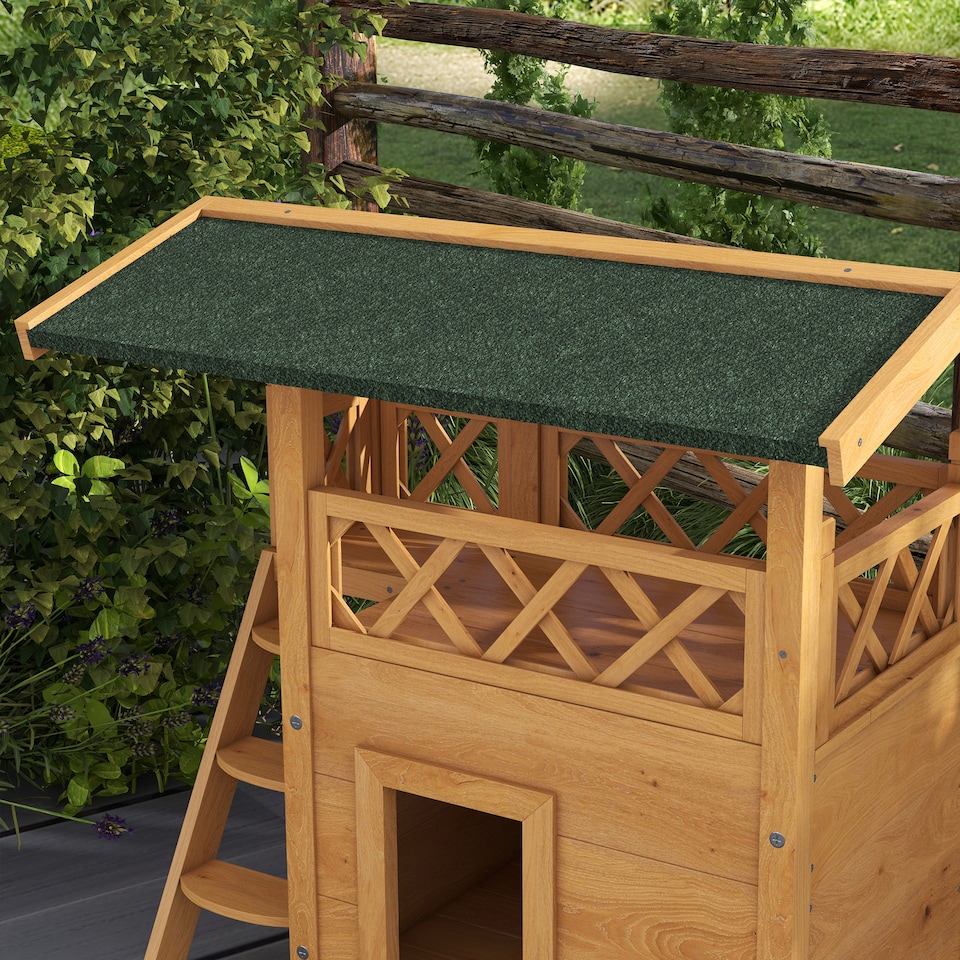 image 1 of PawHut Outdoor Cat House Kitten Shelter Puppy Kennel with Balcony Stairs Asphalt Roof, 77 x 50 x 73 cm