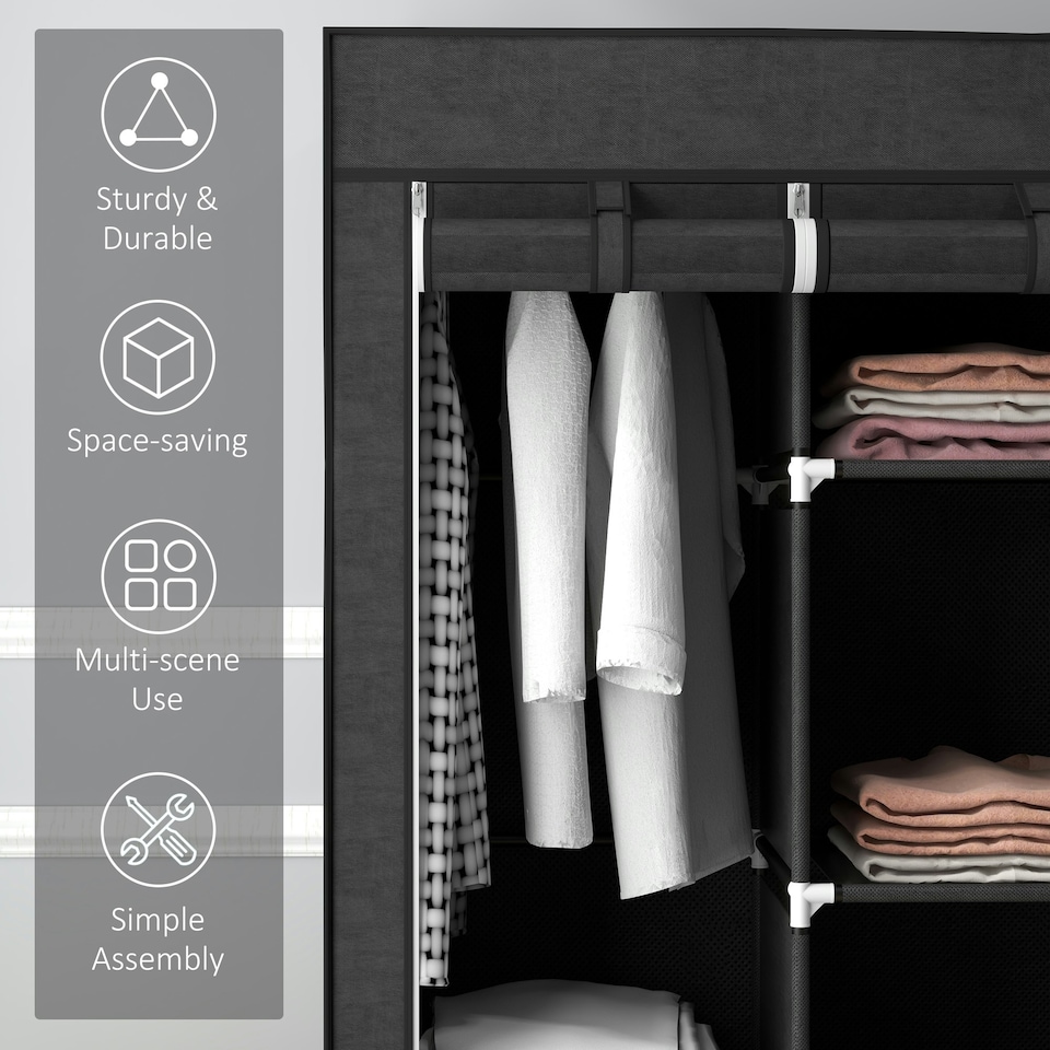 image 1 of HOMCOM Fabric Portable Wardrobe with 8 Shelves 2 Hanging Rails, Black | Black