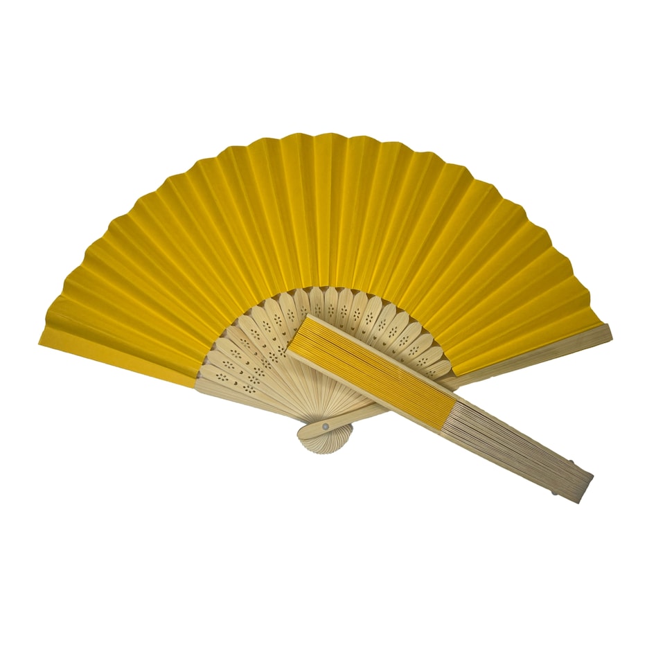 image 1 of Dark Yellow Paper Foldable Hand Held Bamboo Wooden Fan by Parev