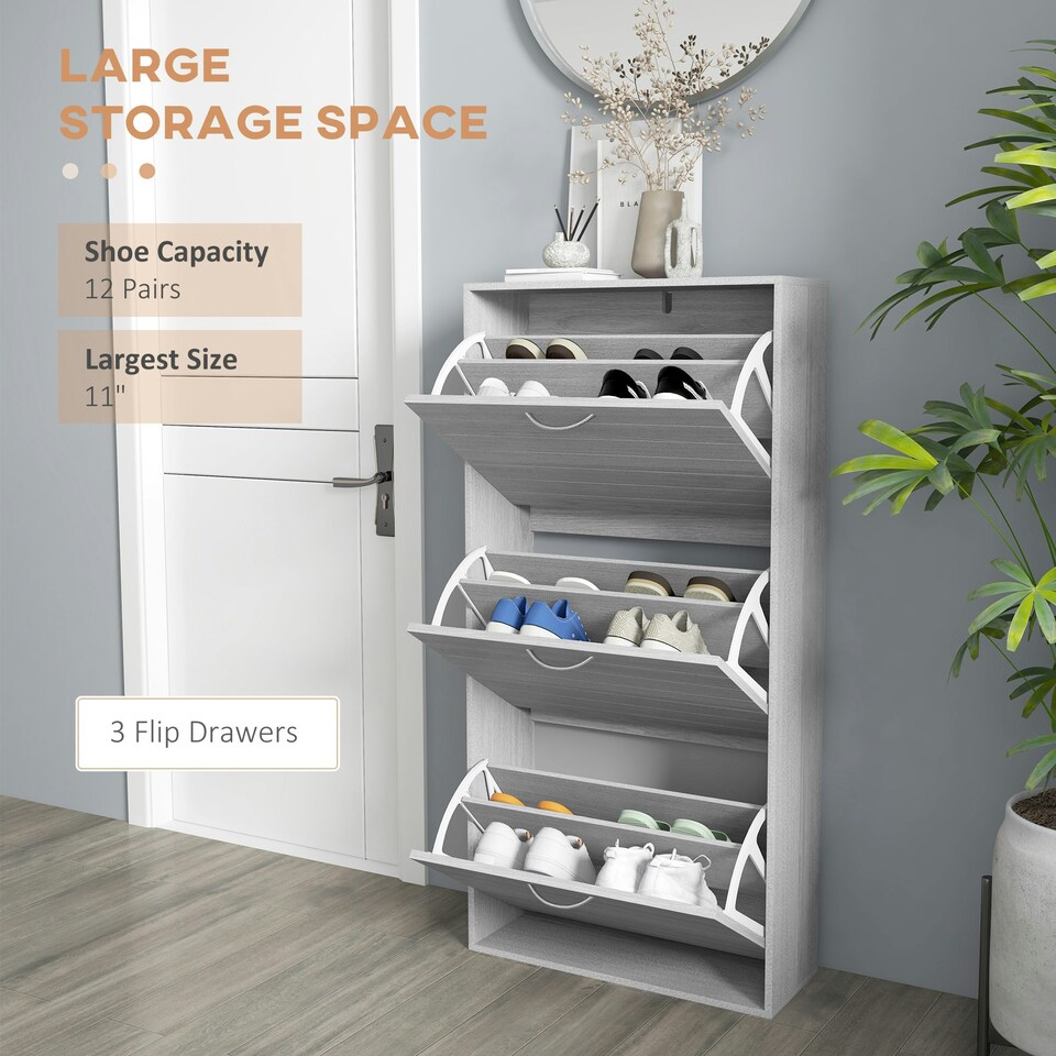 image 1 of HOMCOM Slim Shoe Storage Cabinet with 3 Flip Drawers, Grey