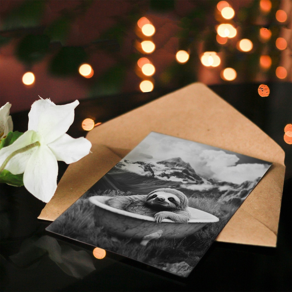 image 1 of Sloth in Bathtub on Mountain Black White Surreal Birthday Greeting Card