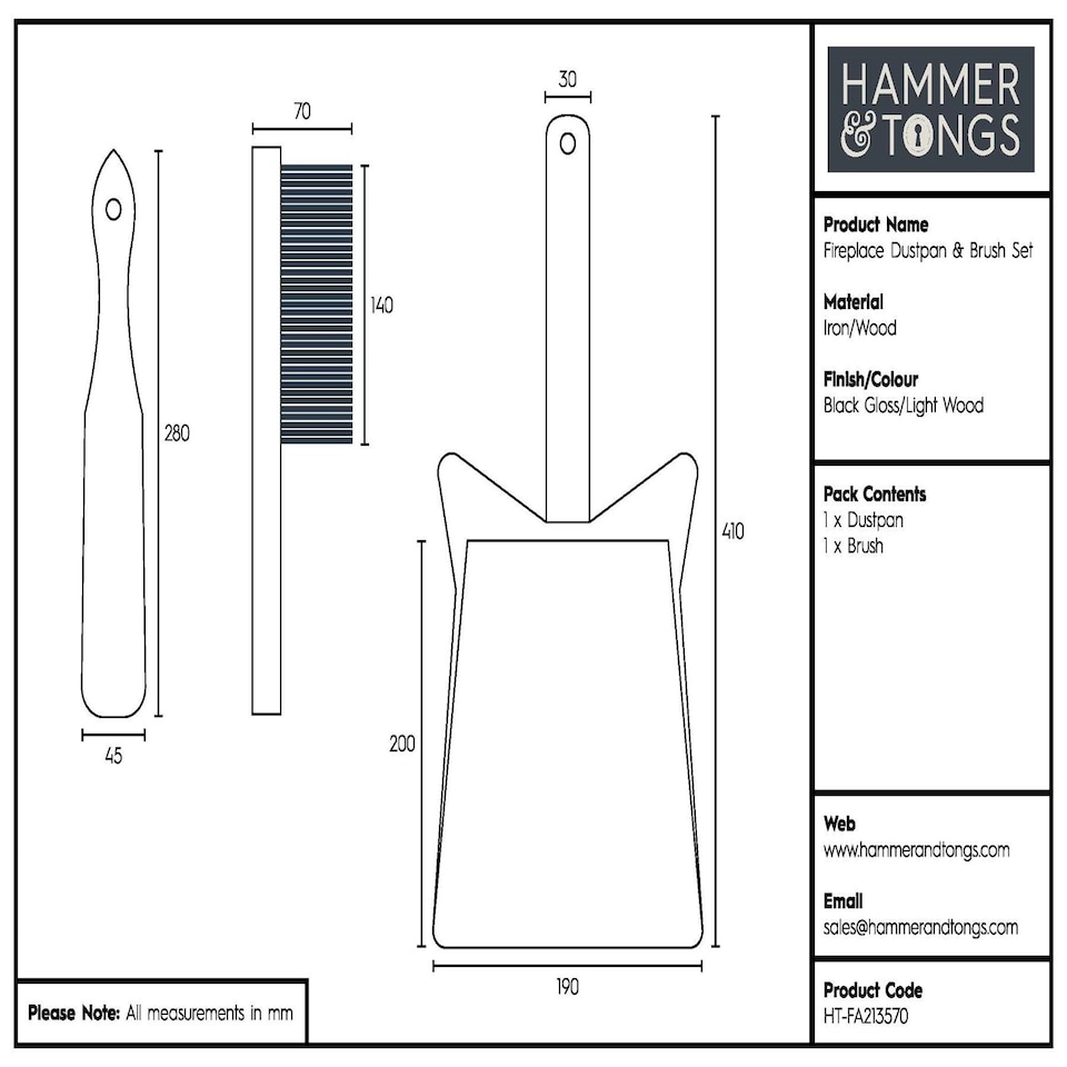 image 1 of Hammer & Tongs Fireplace Dustpan & Brush Set - Black Gloss