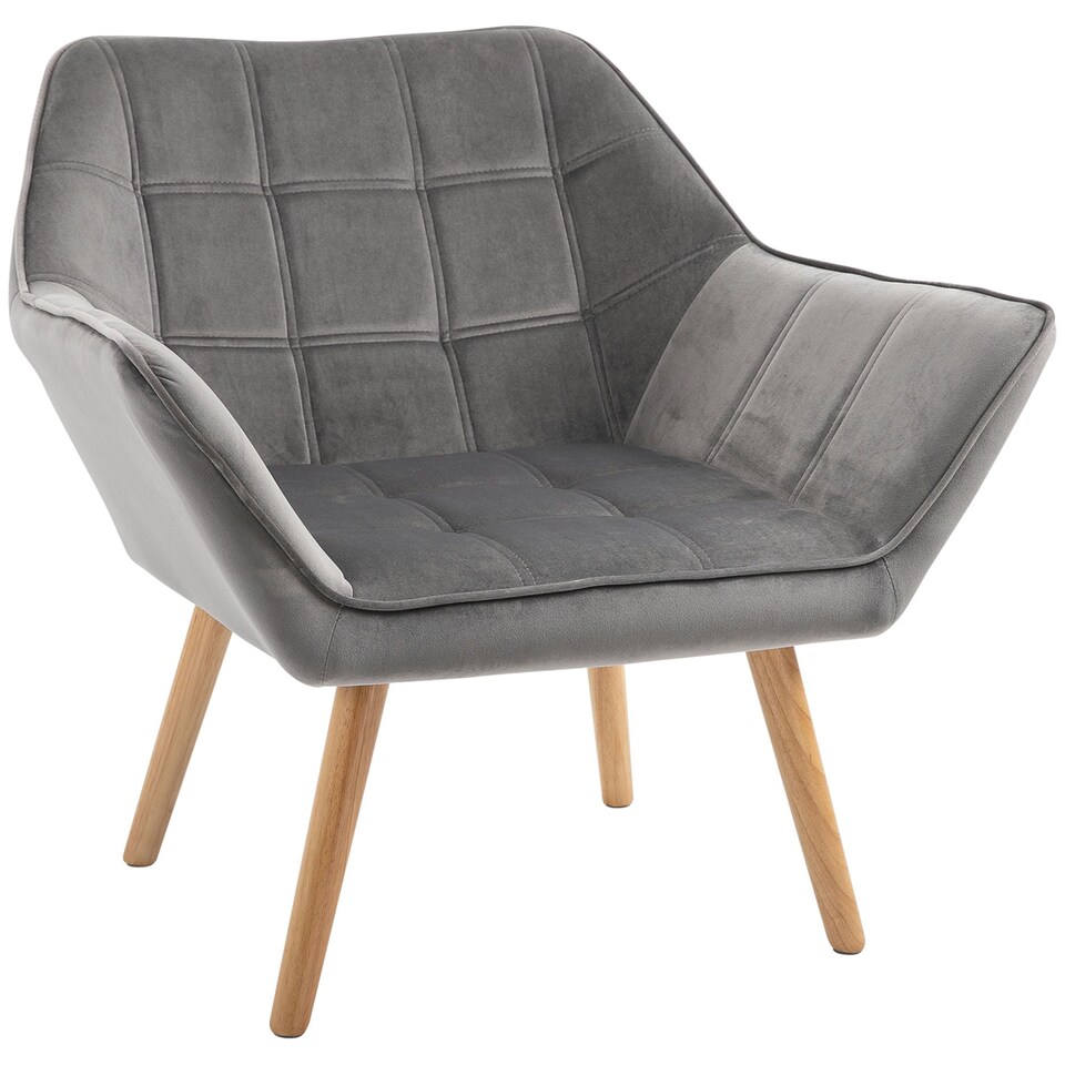 image 1 of HOMCOM Luxe Velvet-Feel Accent Chair w/ Wide Arms Slanted Back Wood Legs Grey