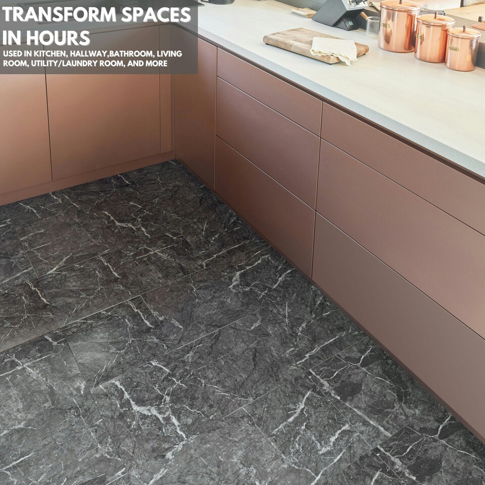 image 1 of NOVECRAFTO Self Adhesive Vinyl Floor Tiles - 12x12 in (30.5x30.5cm) - Waterproof 1.5mm Thick Peel & Stick Flooring - Luxe Marble Effect for Kitchen | Black | 4.65 sqm