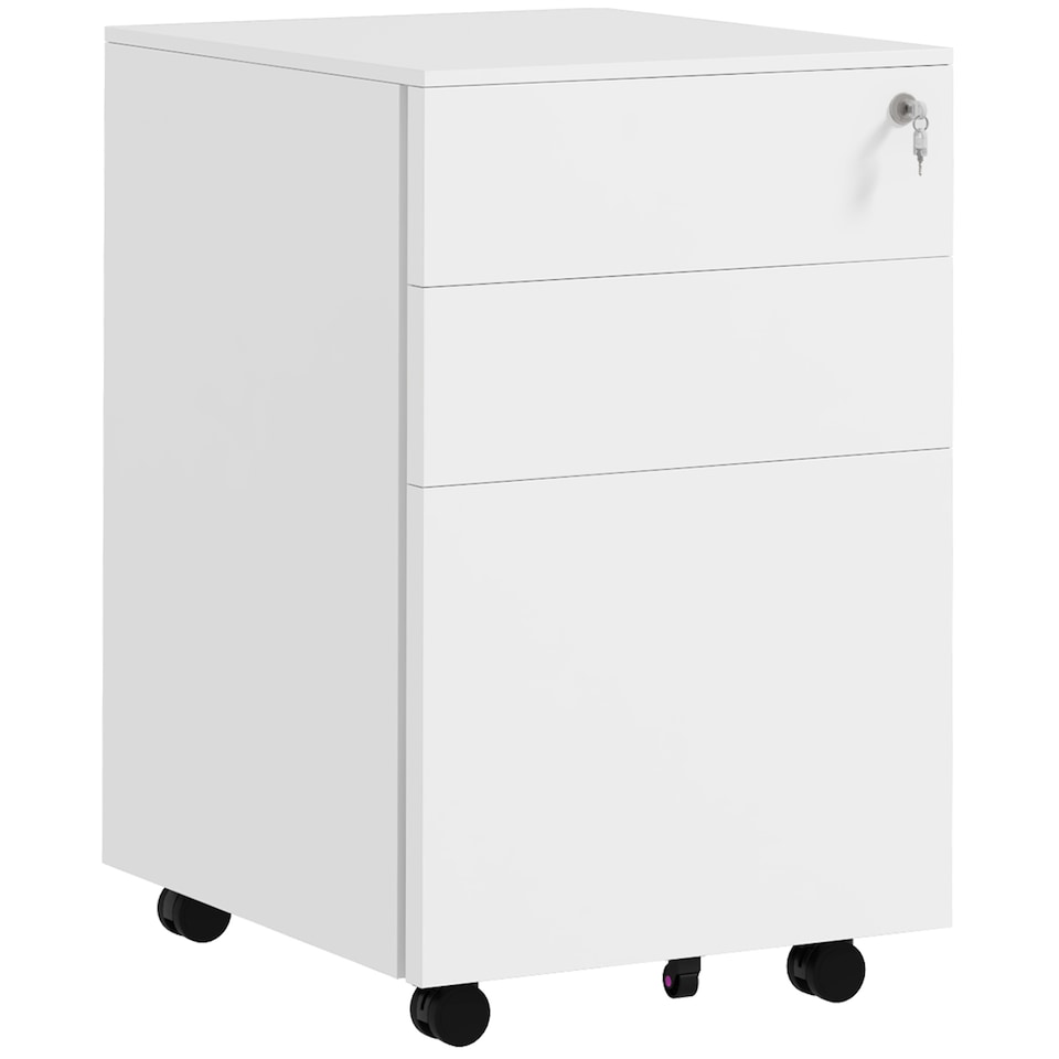 image 1 of Vinsetto 3-Drawer Vertical Filing Cabinet with Pencil Tray, Lock and 5 Wheels, Steel Mobile File Cabinet, for A4, Legal and Letter Size, Pre-Assembled Body, White