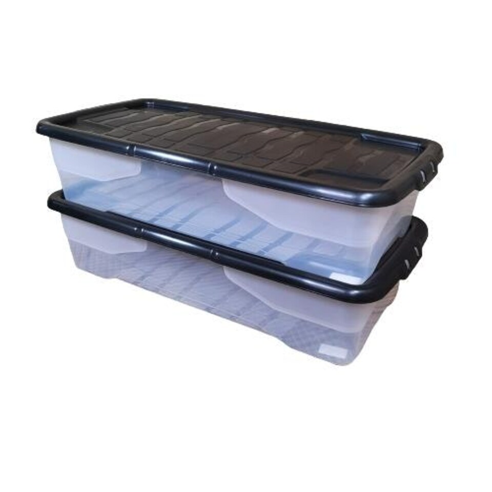 image 1 of 2 x 42L Clear Under Bed Storage Box with Black Lid, Stackable and Nestable Design Storage Solution