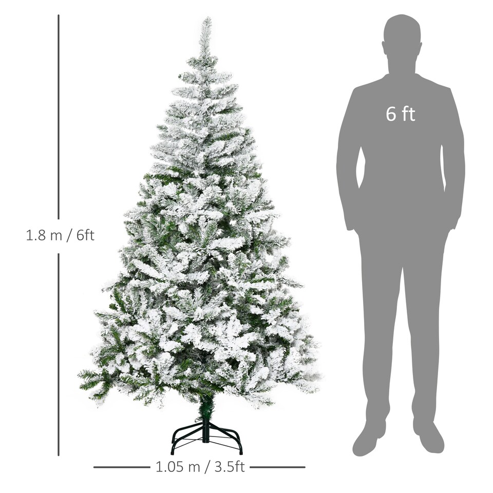 image 1 of HOMCOM 6 Ft Snow Flocked Artificial Christmas Tree mas Pine Tree with Realistic Branches, Auto Open and Steel Base, Green