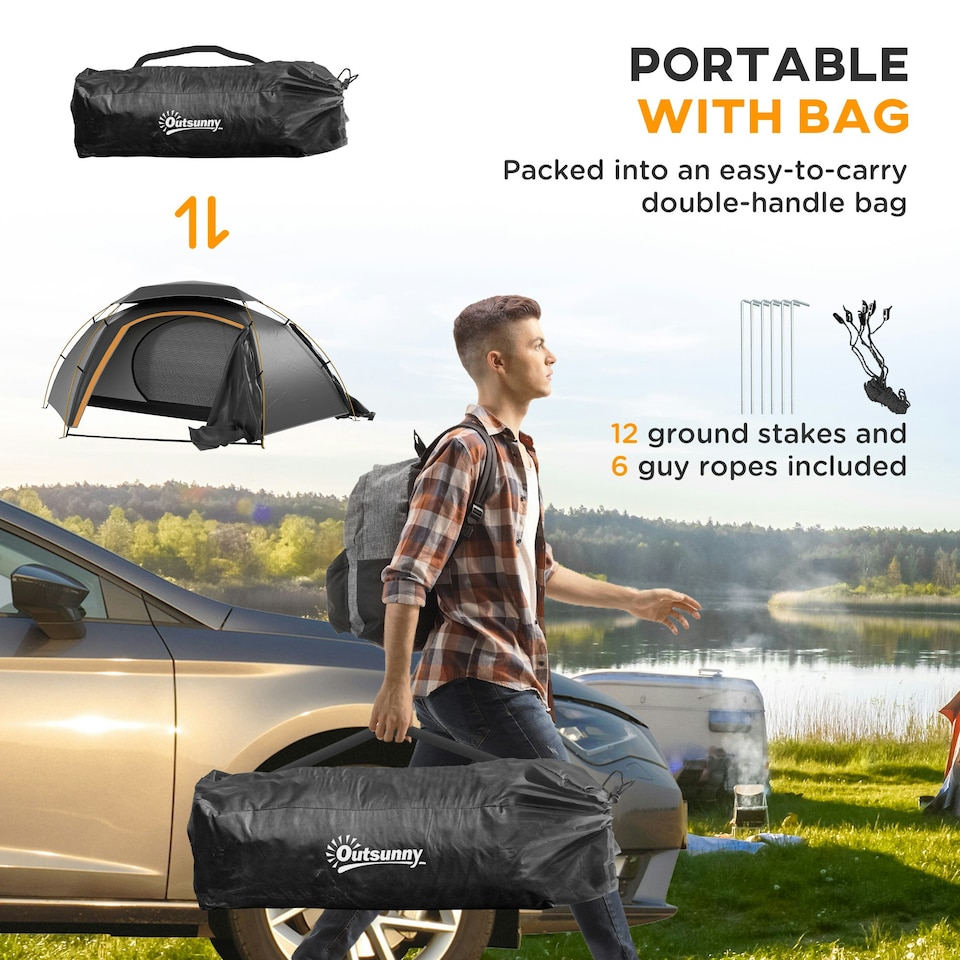 image 1 of Outsunny Camping Tent Dome Tent with Removable Rainfly for 1-2 Man, Grey