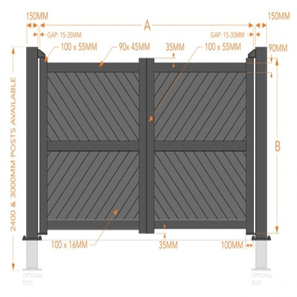 image 1 of Double Swing Gate 3500x1600mm Grey - Diagonal Solid Infill and Flat Top Grey