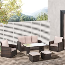 Outsunny 6 Pieces Rattan Garden Furniture Set, 7 Seater Wicker Garden Sofa Set with Glass Top Dining Table, Armchairs and Footstools, Outdoor Furniture with Cushions for Patio, Mixed Brown