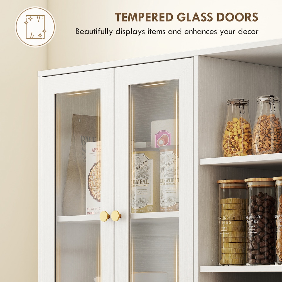 image 1 of HOMCOM 172 cm Tall Kitchen Cupboard, Pantry Storage Cabinet with Tempered Glass Doors and Soft-Close Hinges, Freestanding Kitchen Cabinet with Adjustable Shelves and 6 Open Shelves, White | White | White