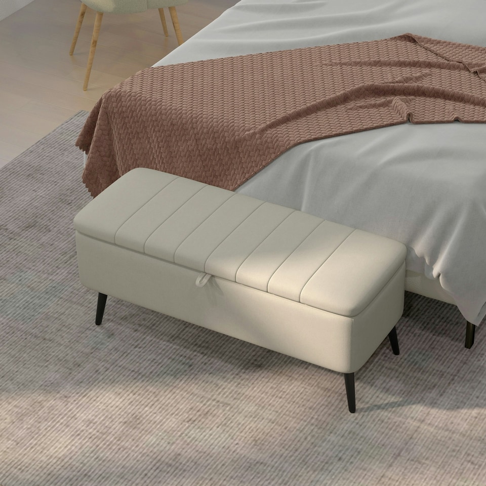 image 1 of HOMCOM Storage Ottoman Bench, Linen Fabric Footstool with Steel Legs Cream White