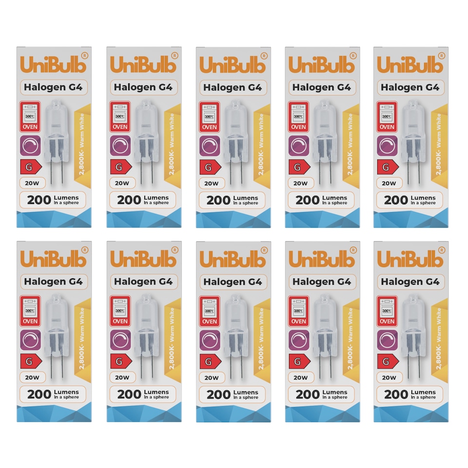 image 1 of 10x UniBulb Halogen G4 200lm 20W 2800K (Warm White) Capsule Light Bulb For Chandeliers, Lamps, & Ovens - Pack of 1