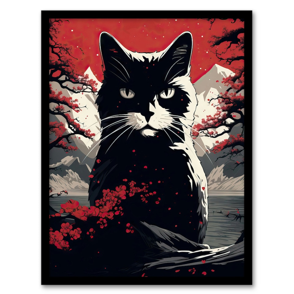 image 1 of Ukiyo Japanese Cat Red on White Japan Home Decor Black Framed Wall Art Print A4