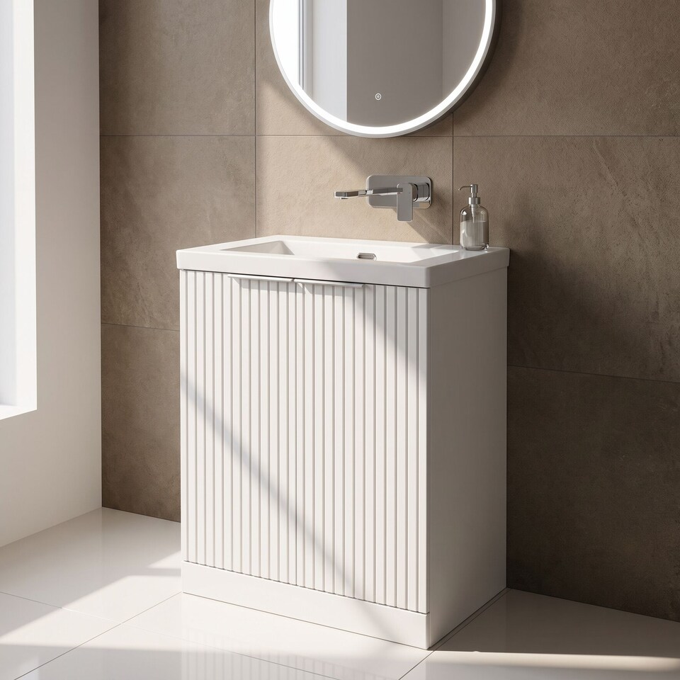 image 1 of Balterley Callingwood Contemporary Floor Standing 2 Door Vanity Unit with 0 Tap Hole Fireclay Basin , 600mm, Matt White