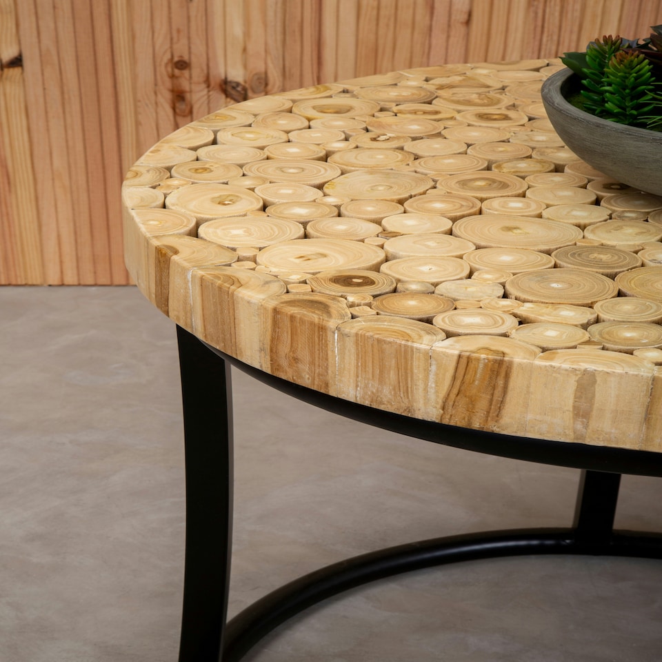 image 1 of Interiors by Premier Round Teak Table with Black Iron Frame, Rustic Teak‑Inlaid Top & Minimalist Iron Base Brown