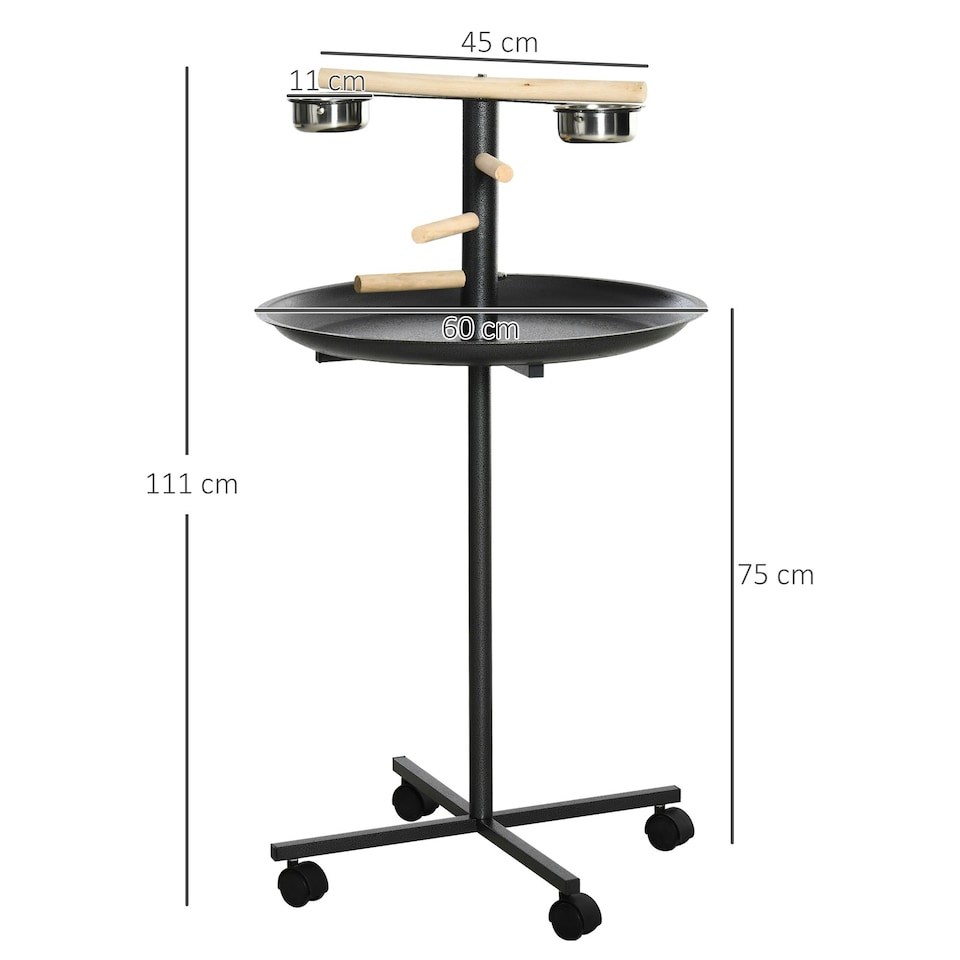image 1 of PawHut Metal Bird Table Play Stand, Bird Feeder Station with Wheels Feeding Bowl