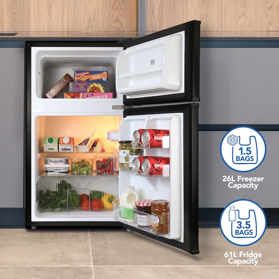 image 1 of Igenix IG347FFB Freestanding Under Counter Fridge Freezer, 87 Litre, Reversible Door, 47 cm Wide, Black
