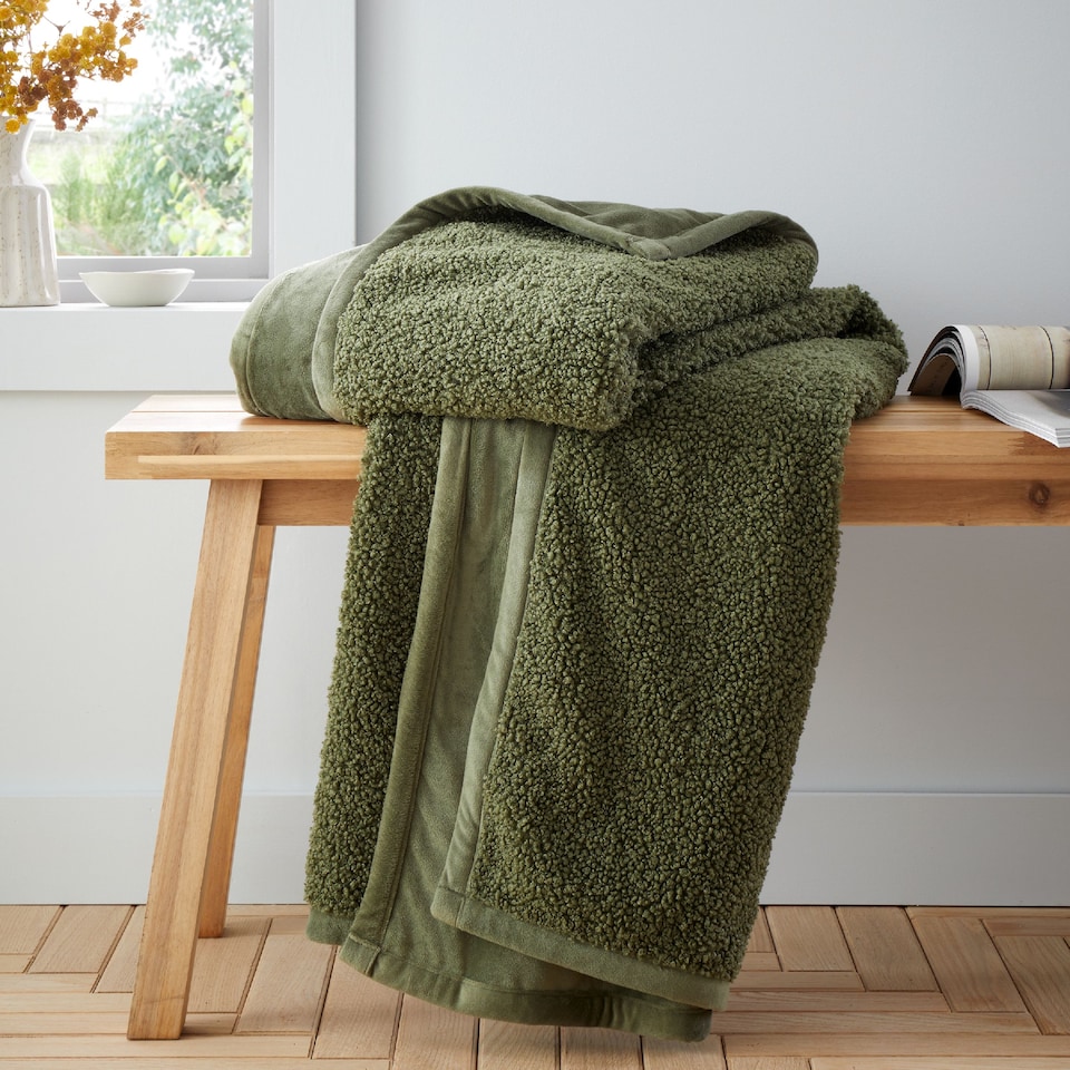 image 1 of Catherine Lansfield So Soft Velvet Boucle Blanket Throw | Green | Olive Green