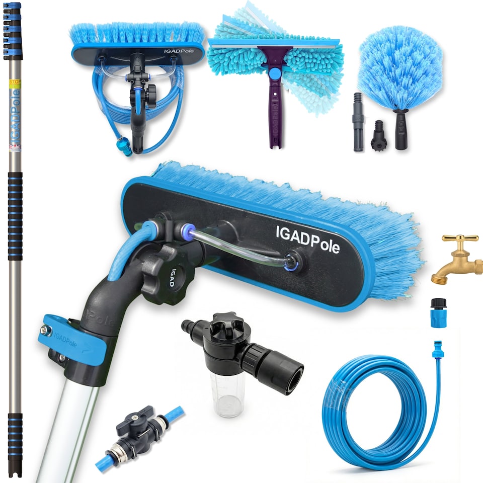 image 1 of IGADPole 6m(20ft) Washing Kit: Water-fed Brush, Cobweb Duster and 10”(25cm) Squeegee and Soap Dispenser, with 5-Stage Telescoping Pole 5-20ft(6m) Pole
