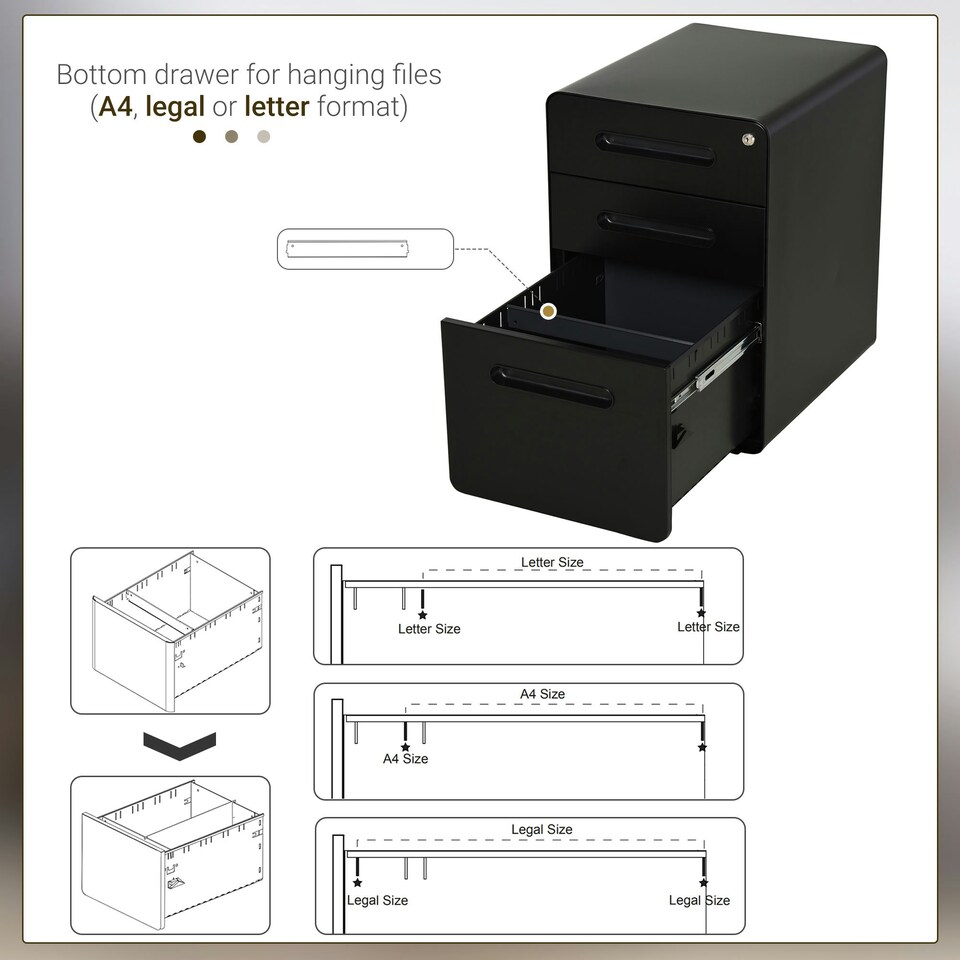 image 1 of Vinsetto 3 Drawer Modern Steel Filing Cabinet w/ 4 Wheels Lock Pencil Box Black