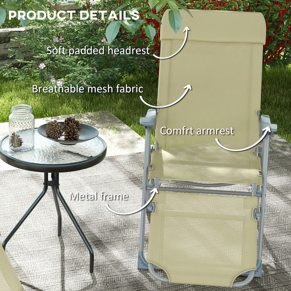 image 1 of Outsunny Reclining Garden Chairs Set of 2 w/ 5-level Adjustable Backrest, Beige