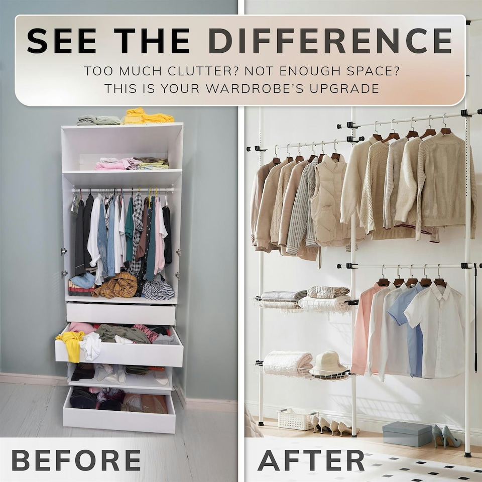 image 1 of Telescopic Wardrobe Organiser Double White Rail Clothes Rack Baskets Storage White | One Size