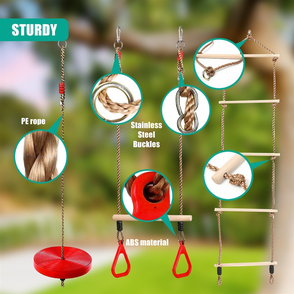 image 1 of The Magic Toy Shop 3-in-1 Trapeze Swing Rope Ladder Set Outdoor Climbing Accessories