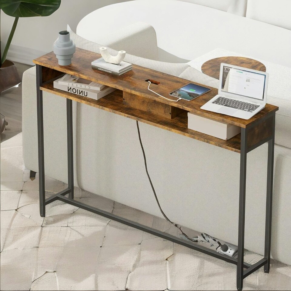 image 1 of Hallway Console Table With Charging Station Rustic Brown Brown