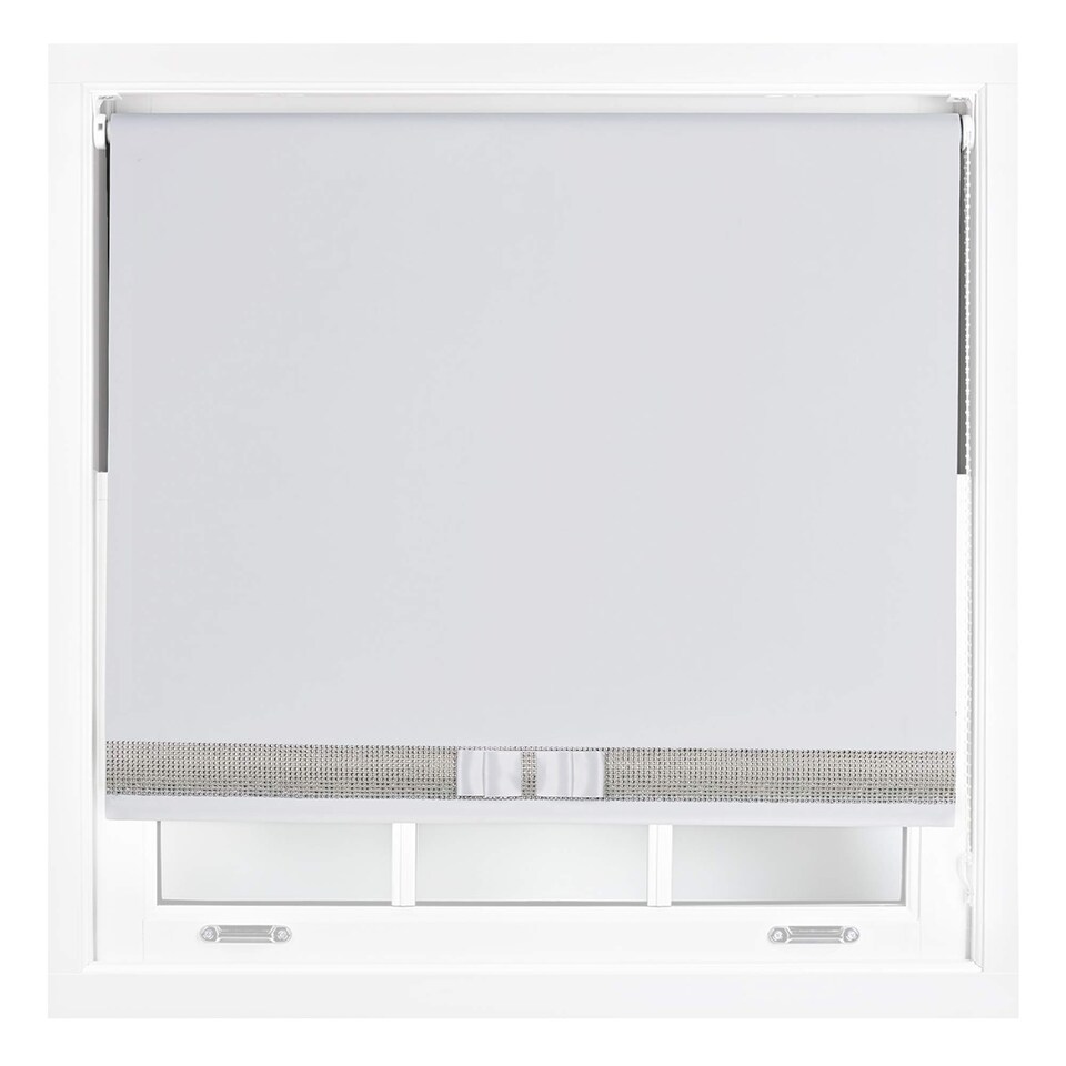 image 1 of FURNISHED Blackout Roller Blinds with Diamante Trim and Bow Cut to Size | White | White | (W) 180cm x (L) 165cm