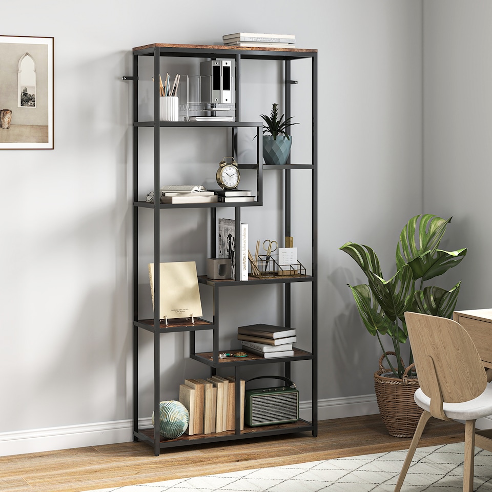 image 1 of HOMCOM 7-Tier Bookshelf, Geometric Bookcase, Industrial Floor Standing Book Shelf, Open Display Shelving Unit for Living Room, Home Office and Bedroom, Rustic Brown and Black | Brown