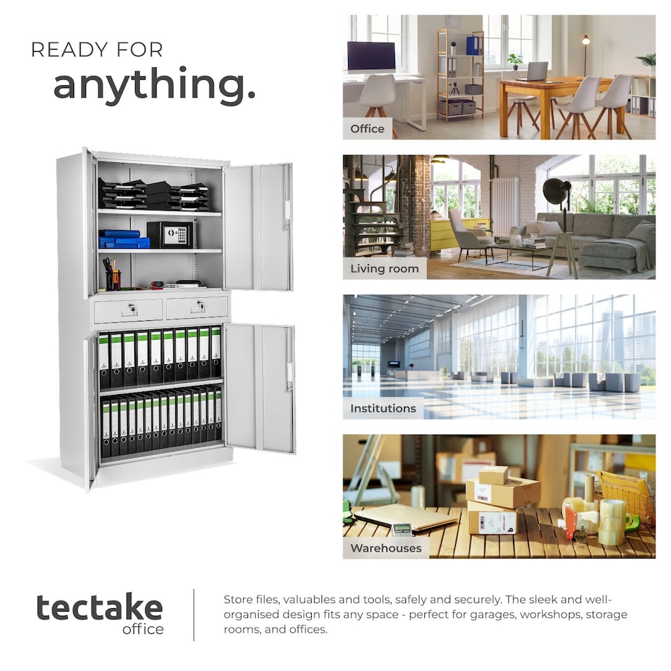 image 1 of Filing Cabinet Cosmo - 2 drawers, 5 adjustable shelves, 180 x 80 x 40 cm | Grey | light grey | 80 x 40 x 180 cm | 1