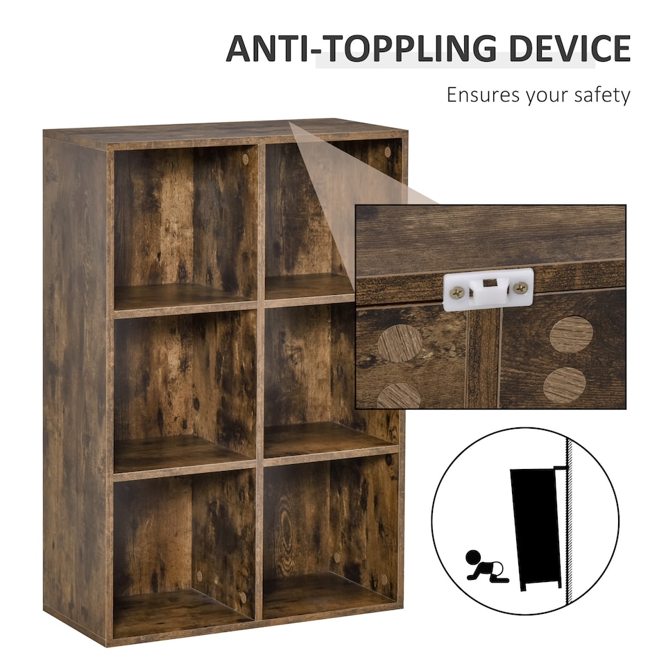 image 1 of HOMCOM 3 Tier Bookshelf, Modern Cube Bookcase with 6 Open Storage Compartments, Freestanding Display Storage Unit for Living Room, Bedroom, Study, Rustic Brown