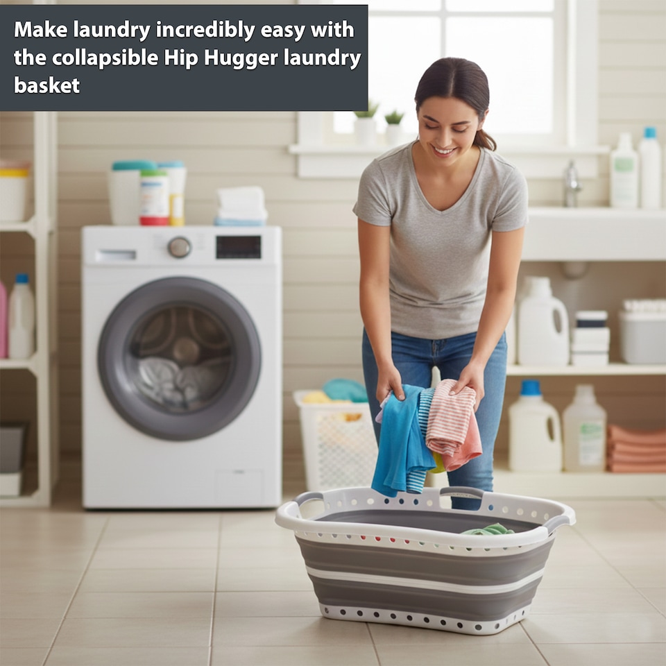 image 1 of Foldable Collapsible Laundry Basket 37L Capacity, Non-Slip Handles, Curved Shape