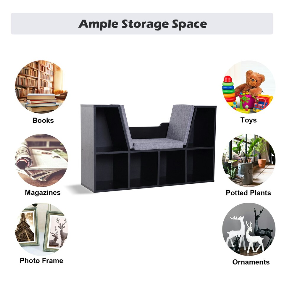 image 1 of HOMCOM Cube Bookshelf Organizer with Reading Seat, Six Cubes, Black