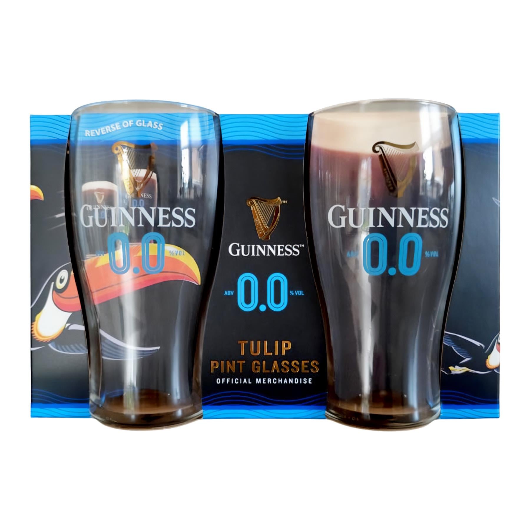 Guinness 0.0 Pint Glass Set - 2 Piece Large Reusable Glass Craft Beer Drinking Tulip Lager Ale Pub Kitchen Tumbler Cups Set