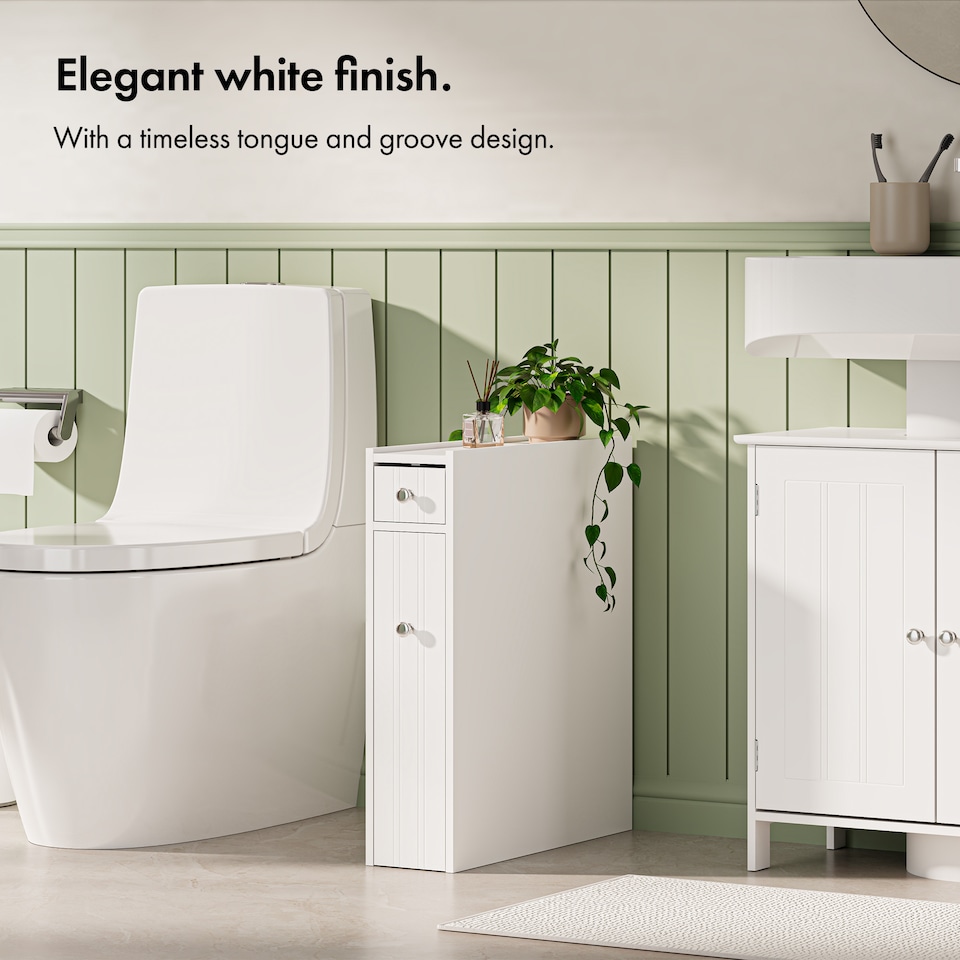 image 1 of VonHaus Holbrook White Slim Bathroom Storage Unit with Drawers