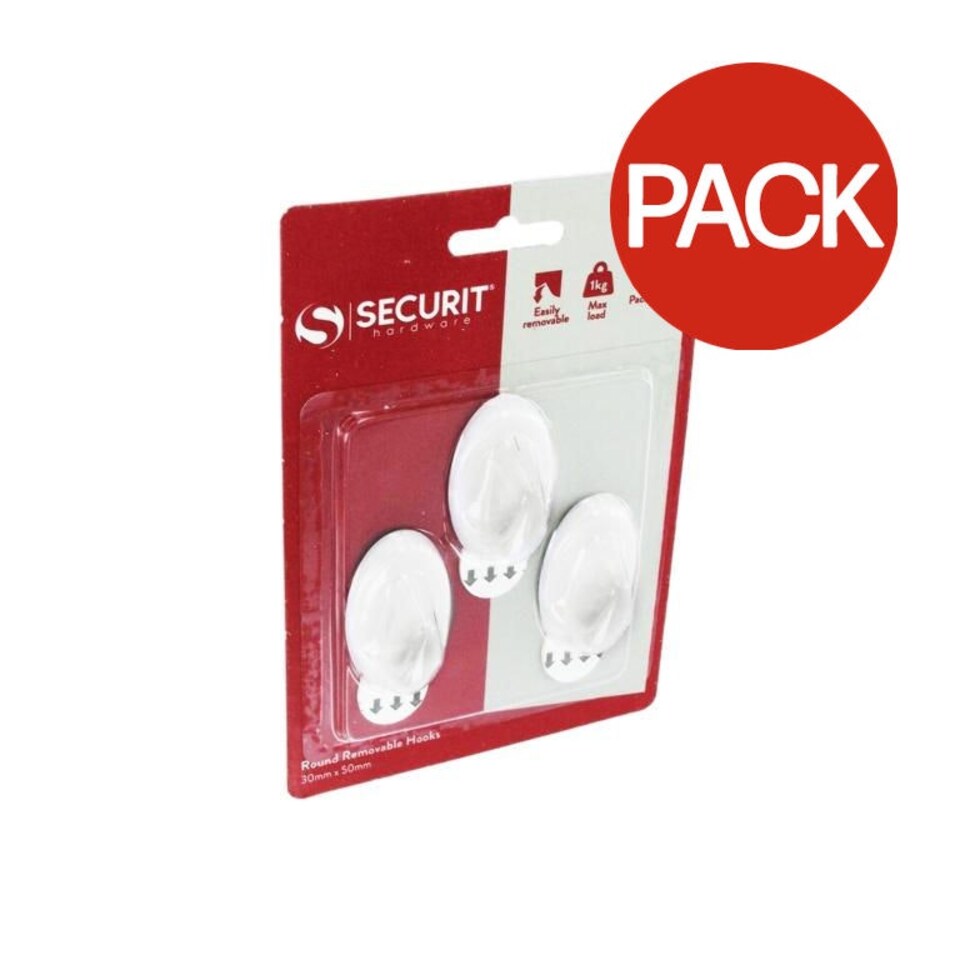 Securit Oval Removable Hooks (Pack of 3) - White - 50mm x 30mm