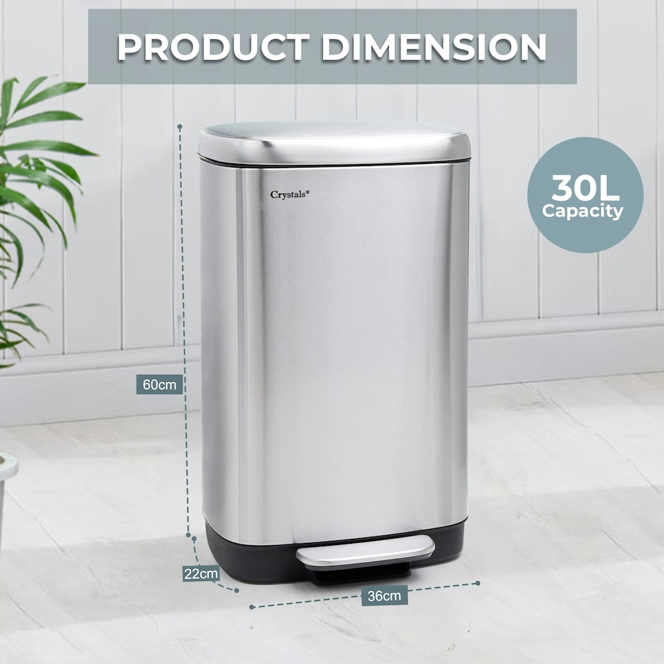 image 1 of Stainless Steel Rectangular Pedal Bin With Soft Close Lid Silver Waste Bin - 30L Silver