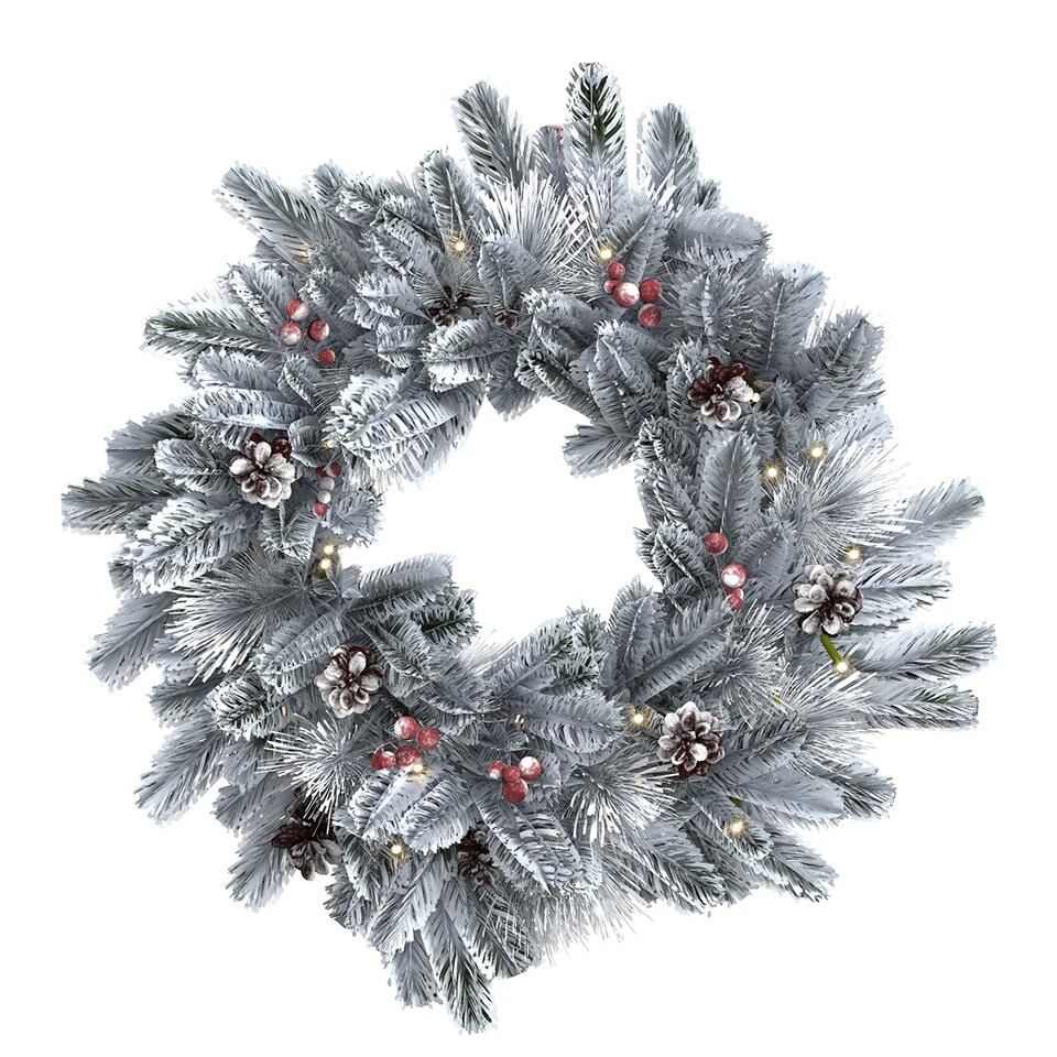 image 1 of Charles Bentley Indoor Outdoor 60cm Pre-Lit Red Berry & Pinecone Snowy Wreath