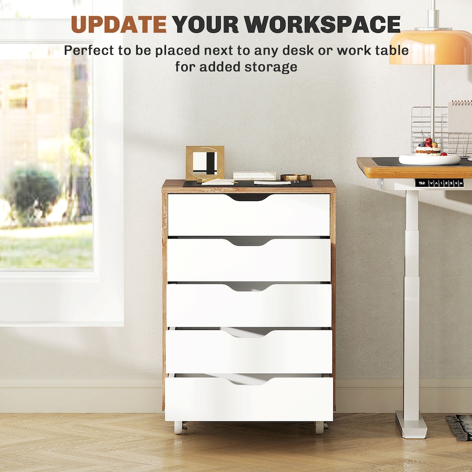 image 1 of Vinsetto Vertical Filing Cabinet, 5-drawer File Cabinet, Mobile Office Cabinet on Wheels for Study, Home Office, Oak