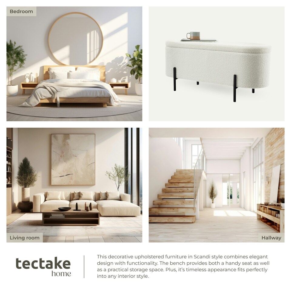 image 1 of Hallway Bench Lanja - upholstered, cushioned, built-in-storage, 97 x 36 x 42 cm Cream | Boucle Cream-White