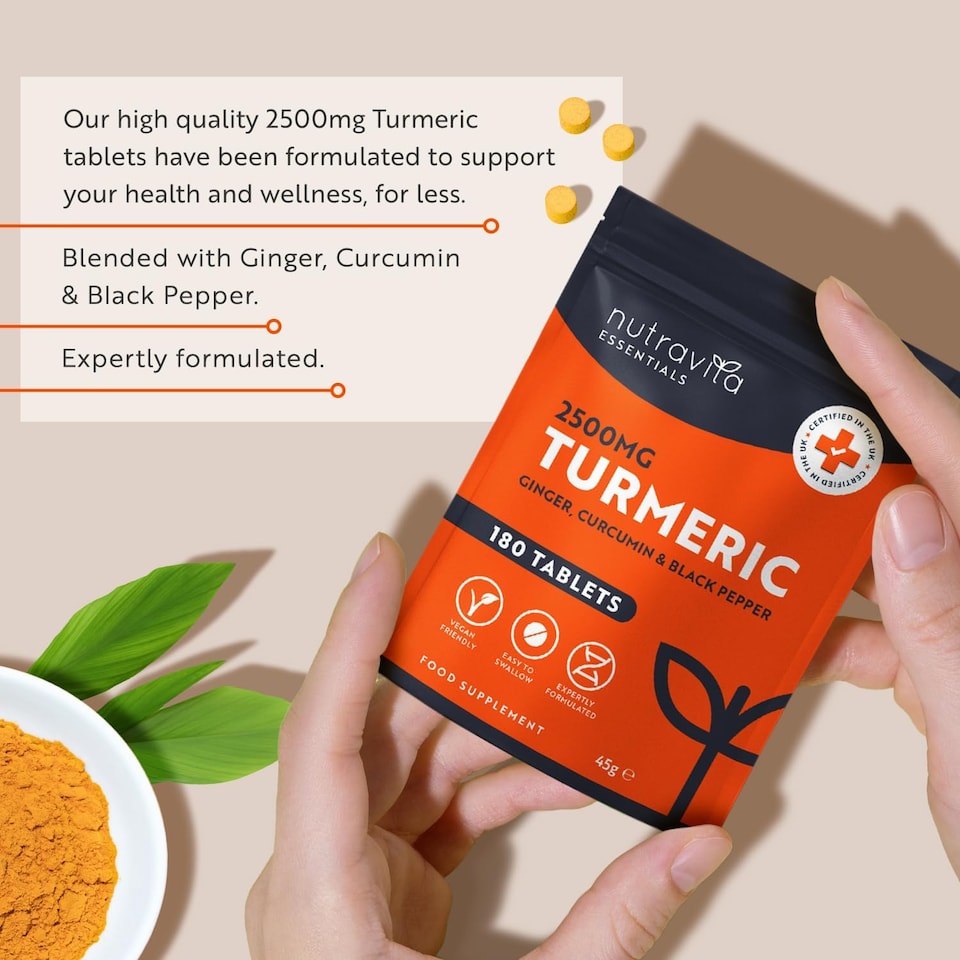 image 1 of Nutravita Turmeric Tablets 2500mg with Black Pepper, Ginger & Curcumin - Made in UK - 3 Month Supply - 180 Vegan High Strength Tumeric Supplements