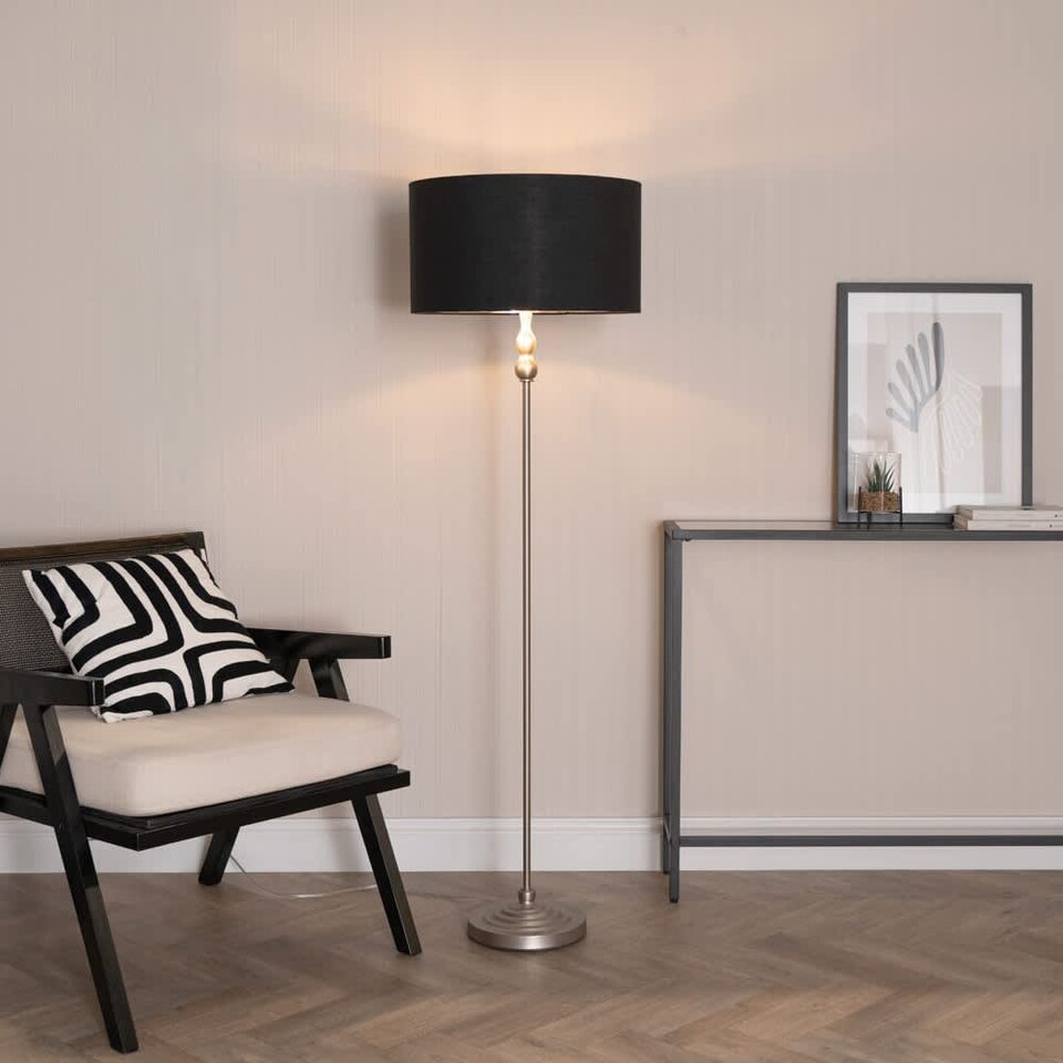 image 1 of ValueLights Maggie Chrome Candlestick Floor Lamp Black Chrome Shade & Bulb | Black
